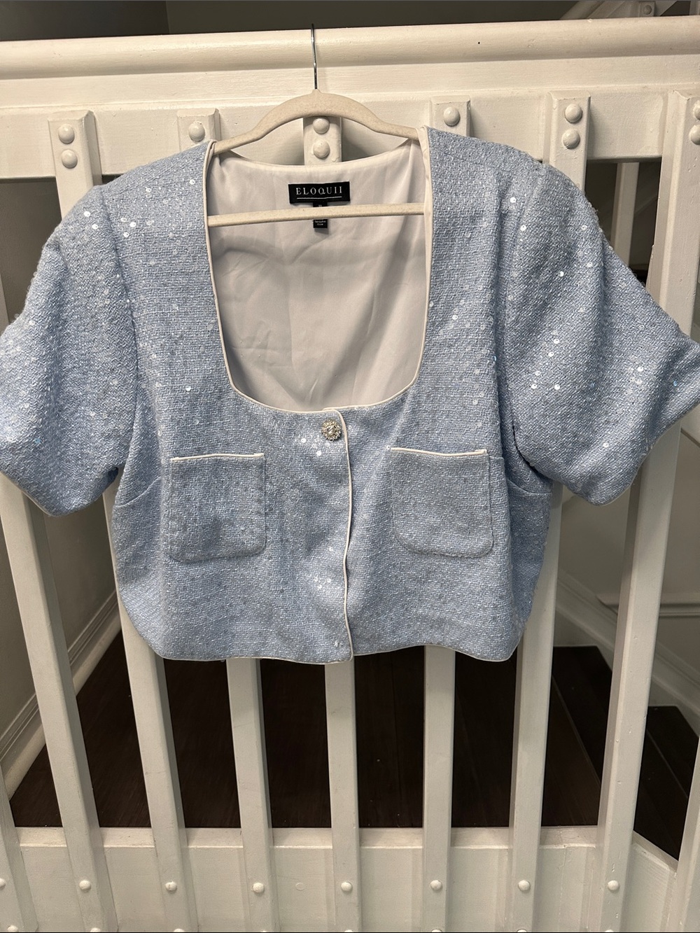 Eloquii Pale Blue Tweed Short-Sleeve Sequin Jacket